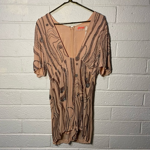 Free People Romper Plunge Beaded Pink Sparkle Women’s 6 Short Mini Dress Unique - Picture 15 of 16